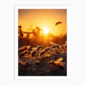 Ant Colony Collaboratively Foraging Under The Glowing Blaze Of A Setting Sun With Elongated Shadows Art Print