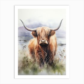 Watercolour Of Highland Cow In Rainy Field Art Print