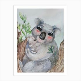 Koala with baby sitting on a branch Poster