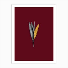 Vintage Autumn Crocus Black and White Gold Leaf Floral Art on Burgundy Red n.0250 Art Print