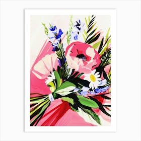 Pink, Blue and Green Watercolor Bouquet of Flowers Art Print