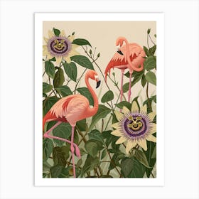 Lesser Flamingo And Passionflowers Minimalist Illustration 2 Art Print