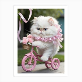 Cute Kitten Riding A Pink Bicycle Art Print