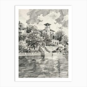 The Oasis On Lake Travis Austin Texas Black And White Watercolour 2 Art Print