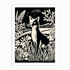 Fox In The Forest Linocut Illustration 11  Art Print