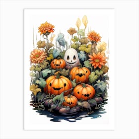Cute Bedsheet Ghost, Botanical Halloween Watercolour 35 Art Print