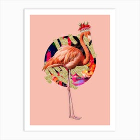 Royal Flamingo Wearing Floral Crown In Pink And Gold Art Print