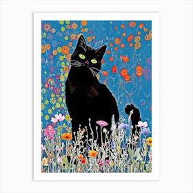 Black Cat In Flowers Art Print