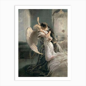 "Romantic Encounter" (1864) by Hungarian artist Mihály von Zichy (1827–1906) is a Romantic masterpiece depicting an intimate embrace between a mortal woman and an angel. Often referrred to as "The Kiss" or perhaps inspired by Cupid-Psyche mythology, here both Angel and Human appear to be experience the greatest of love and passion, yet suffer from the illicit union starting to wither at their lifeforce. Blending earthly passion with divine allure, it showcases Zichy's mastery of light and shadow to heighten its ethereal intensity. The original, crafted in ink and white heightening, was last auctioned by Sotheby's in 2010 and remains in a private collection, adding mystery to this evocative work. Art Print