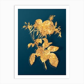 Vintage Pink Cabbage Rose de Mai Botanical in Gold on Teal Blue n.0133 Art Print