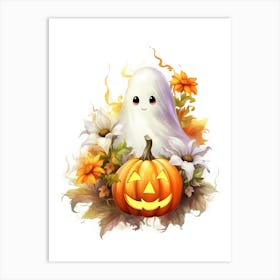 Cute Ghost With Pumpkins Halloween Watercolour 10 Art Print