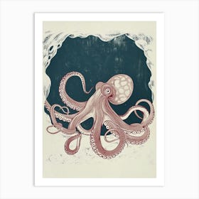 Linocut Inspired Octopus Hiding Away In A Cave 1 Art Print