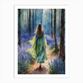 Fairytale Woman in Bluebell Woods ~ Spring Maiden Walking Away in Moonlit Forest, Witchy Full Moon Art, Pagan Painting, Woods Witches, Enchanted forest mysterious darkling stroll in magical Ostara Artwork ~ Dreamy Watercolor Brunette Girl Facing Away Leaving Everything Behind Spiritual Awakening Healing Yoga Meditation Tarot Heart Chakra Art Print