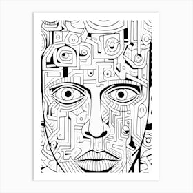 Geometric Face Black & White Line Drawing 1 Art Print