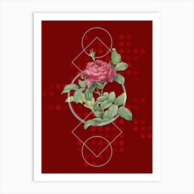 Vintage Red Gallic Rose Botanical with Geometric Line Motif and Dot Pattern Art Print