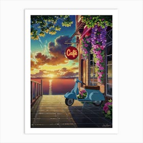 Anime Canvas Art: Vibrant Café Scene at Sunset with Vintage Scooter, Blooming Flowers, and Reflective Water, Perfect for Lofi Aesthetic and Nostalgic Urban Lovers. Art Print