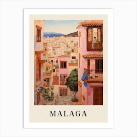 Malaga Spain 4 Vintage Pink Travel Illustration Poster Art Print