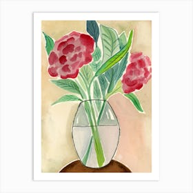 Two Red Flowers In A Glass Vase - floral beige red green Art Print