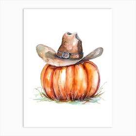 Watercolor Pumpkin With Cowboy Hat Art Print