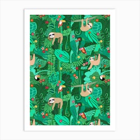 Happy Sloths In Green Jungle Trees Art Print