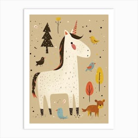 Unicorn In The Meadow With Abstract Woodland Animal Friends Muted Pastel 2 Art Print