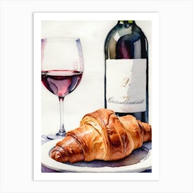 Croissant and Wine watercolor painting 5 Art Print