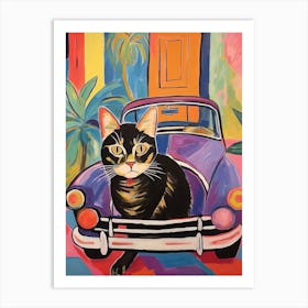 Vintage Car With A Cat, Matisse Style Painting 1 Art Print