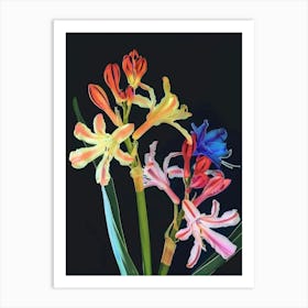 Neon Flowers On Black Hyacinth 2 Art Print