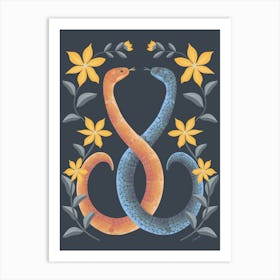 Snakes Entwined With Flowers Art Print
