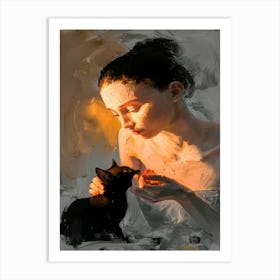 Portrait Of A Woman With A Cat Art Print