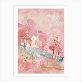 Print With Bloominburg On A Pink Background, In The Style Of Pastel Hued, Serene Watercolors, Celestialpunk, Nul Group, Hurufiyya, English Countryside, Subtle Hues Poster