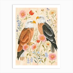 Folksy Floral Animal Drawing Eagle Art Print