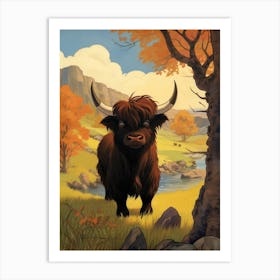 Animated Black Bull In Autumnal Highland Setting 2 Art Print