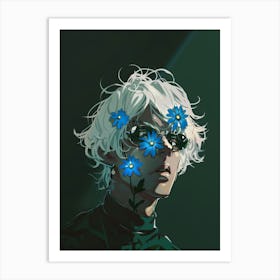 Girl With Blue Flowers Art Print