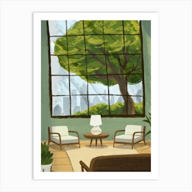 Living Room With Tree Garden Illustration Art Print