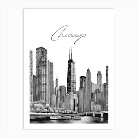 Chicago Skyline, Black And White Illustration Art Print