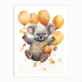 Koala Flying With Autumn Fall Pumpkins And Balloons Watercolour Nursery 3 Art Print