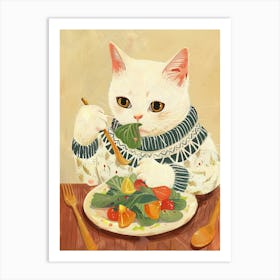 White Cat Salad Lover Folk Illustration 3 Art Print