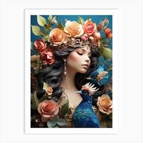 Portrait Of A Woman With Birds Art Print