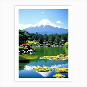 Waterfront Landscape Showcasing A Tranquil Mountain Reflected In A Clear Lake Full Bloom Water Lili 2 Art Print