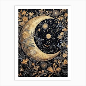 Moon Flowers At Night Stars William Morris Style Art Print