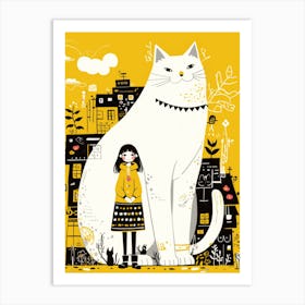 Girl And A Big Cat Art Print Art Print