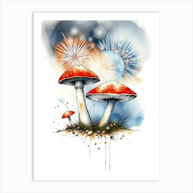 Watercolor Mushroom With Fireworks Art Print