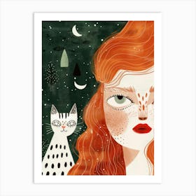 Red Haired Girl With Cat Art Print