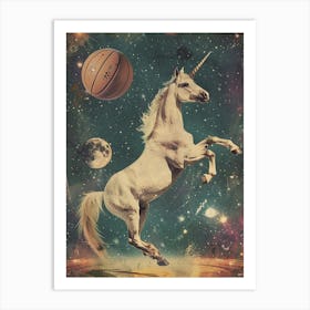 Unicorn In Space Playing Basketball Retro 1 Art Print
