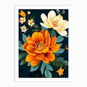 Orange Flowers On A Black Background 1 Art Print