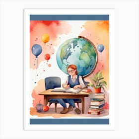 Watercolor Of A Girl At School Art Print