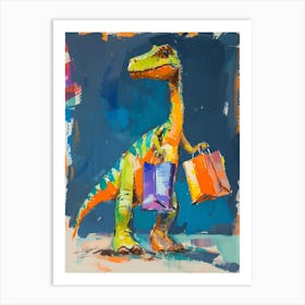 Dinosaur Shopping Orange Blue Brushstrokes  3 Art Print