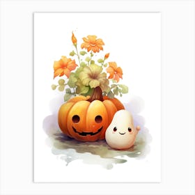 Cute Ghost With Pumpkins Halloween Watercolour 58 Art Print