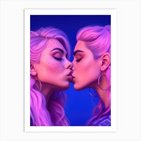 Pink Kawaii Girls Kiss LGBTQ Lesbian Art Print